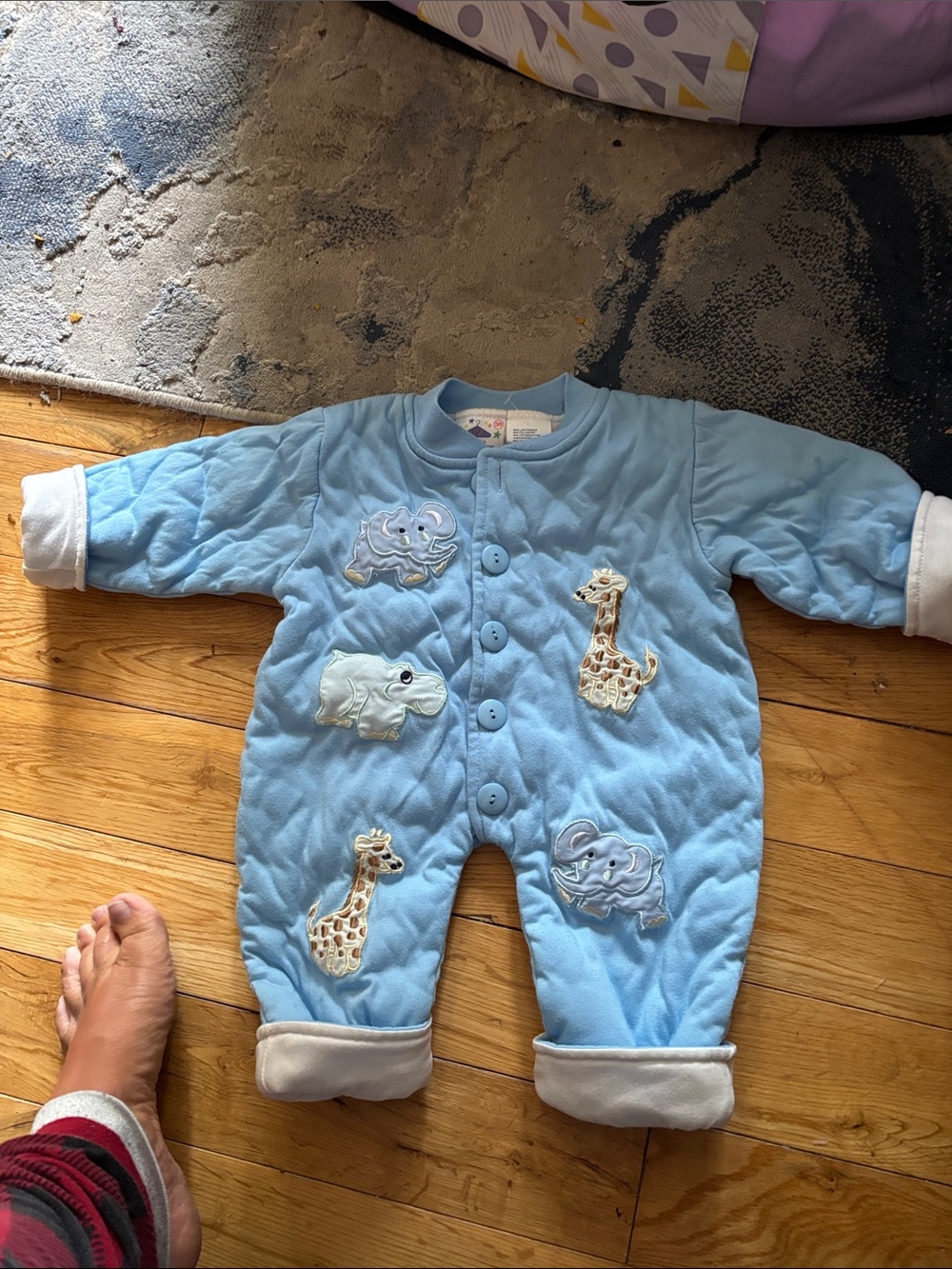 Vintage 90's Quilted Light Blue Baby One-Piece with Giraffe & Elephant Appliqués
